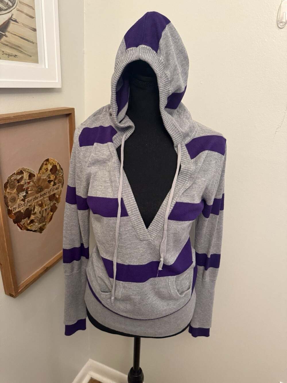 Rue21 Y2K Purple Striped Knit Hooded Pullover Size L Deep V Neck 2000s Aesthetic